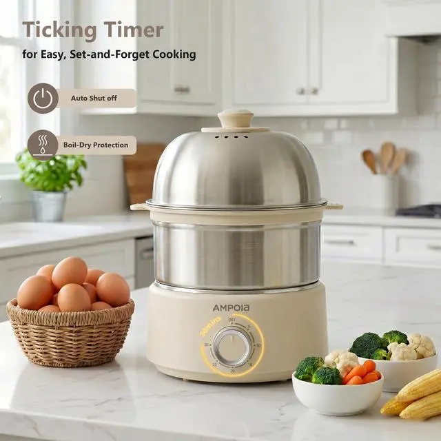 Alt view image 4 of 7 - 14 Eggs Electric Egg Cooker, 350W Rapid Egg Boiler with 30-Min Timer & Auto Shut-Off, Stainless Steel, Dishwasher Safe for Soft, Medium, Hard Boiled, Steamed Eggs, Vegetables & Seafood, Beige