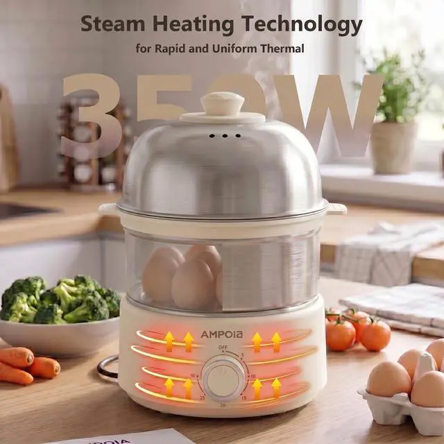 Alt view image 3 of 7 - 14 Eggs Electric Egg Cooker, 350W Rapid Egg Boiler with 30-Min Timer & Auto Shut-Off, Stainless Steel, Dishwasher Safe for Soft, Medium, Hard Boiled, Steamed Eggs, Vegetables & Seafood, Beige