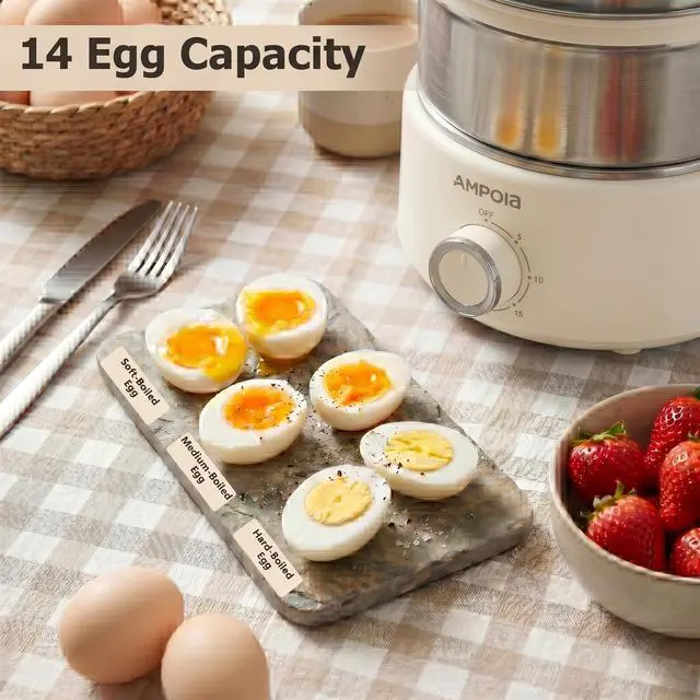 Alt view image 5 of 7 - 14 Eggs Electric Egg Cooker, 350W Rapid Egg Boiler with 30-Min Timer & Auto Shut-Off, Stainless Steel, Dishwasher Safe for Soft, Medium, Hard Boiled, Steamed Eggs, Vegetables & Seafood, Beige