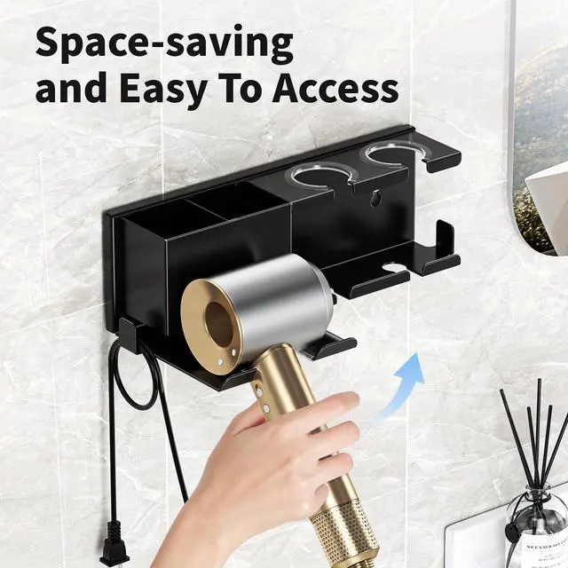 Alt view image 2 of 7 - Hair Dryer Holder, Hair Tool Organizer, Blow Dryer Hanger Wall Mount for Dryer Hook, Bathroom Space-Saving Blow Dryer Organizer, Curling Irons Storage Wall Mounted