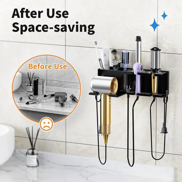 Alt view image 4 of 7 - Hair Dryer Holder, Hair Tool Organizer, Blow Dryer Hanger Wall Mount for Dryer Hook, Bathroom Space-Saving Blow Dryer Organizer, Curling Irons Storage Wall Mounted