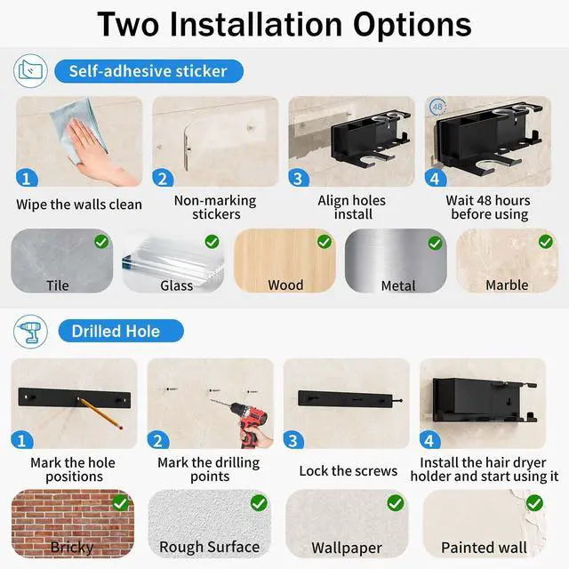 Alt view image 5 of 7 - Hair Dryer Holder, Hair Tool Organizer, Blow Dryer Hanger Wall Mount for Dryer Hook, Bathroom Space-Saving Blow Dryer Organizer, Curling Irons Storage Wall Mounted
