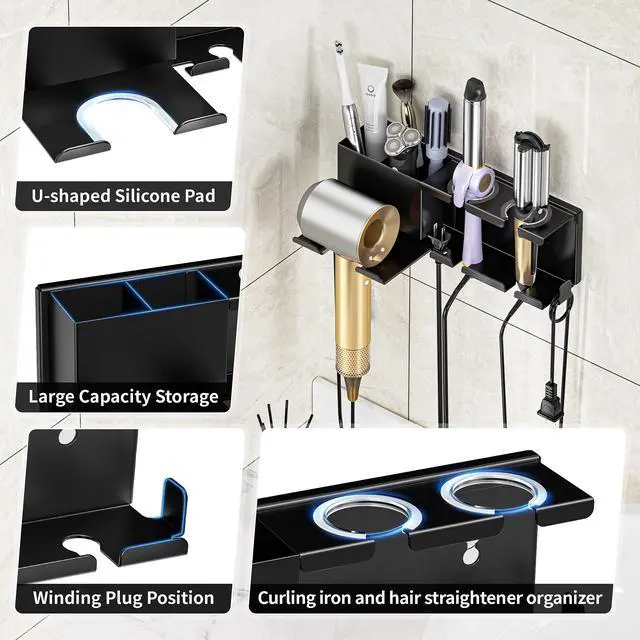Alt view image 6 of 7 - Hair Dryer Holder, Hair Tool Organizer, Blow Dryer Hanger Wall Mount for Dryer Hook, Bathroom Space-Saving Blow Dryer Organizer, Curling Irons Storage Wall Mounted