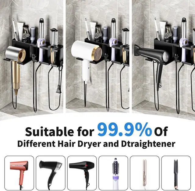 Alt view image 7 of 7 - Hair Dryer Holder, Hair Tool Organizer, Blow Dryer Hanger Wall Mount for Dryer Hook, Bathroom Space-Saving Blow Dryer Organizer, Curling Irons Storage Wall Mounted