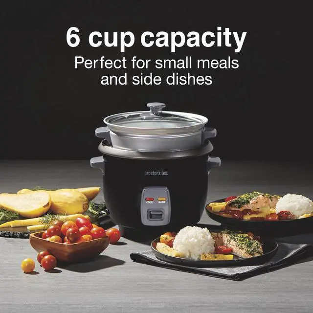 Alt view image 2 of 7 - Rice Cooker & Food Steamer, 6 Cups Cooked (3 Cups Uncooked), Includes Steam and Rinsing Basket, Black (37510)