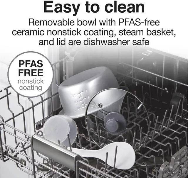 Alt view image 6 of 7 - Rice Cooker & Food Steamer, 6 Cups Cooked (3 Cups Uncooked), Includes Steam and Rinsing Basket, Black (37510)