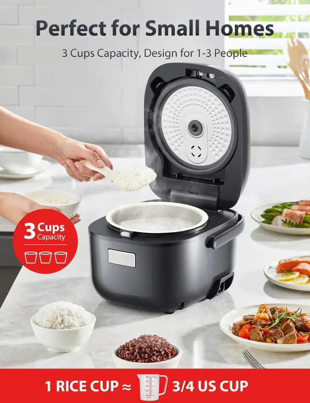 Alt view image 2 of 7 - Rice Cooker Small 3-Cup Uncooked LCD Display with 8 Cooking Functions: Rice, Oatmeal, Mixed Grains and More, NonStick Inner Pot, Grey