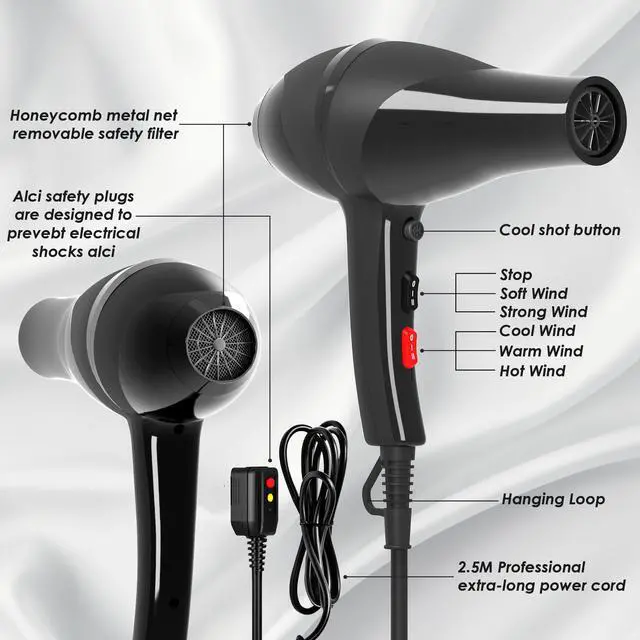 Alt view image 5 of 7 - Hair Dryer, Professional Ionic Blow Dryer with Diffuser for Curly Hair,2400W Powerful Fast Drying Hairdryer Blowdryer for Women Men Home Salon Hair Styling,Constant Temp Low Noise