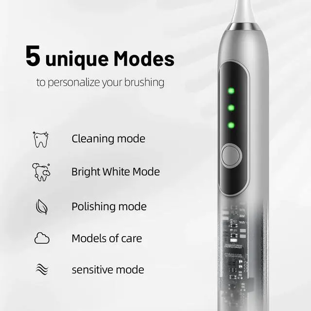 Alt view image 2 of 7 - Adult Sonic Electric Toothbrush with 10 Brush Heads, Travel Case, and Wall Bracket, Suitable for Both Adults and Kids, IPX8 Waterproof, USB Charging, 42000VPM, Silver