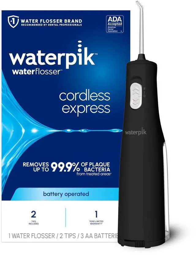 Main image of Cordless Express Water Flosser, Battery Operated & Portable for Travel & Home, ADA Accepted, Waterproof for Shower Use, Black WF-02, Packaging May Vary