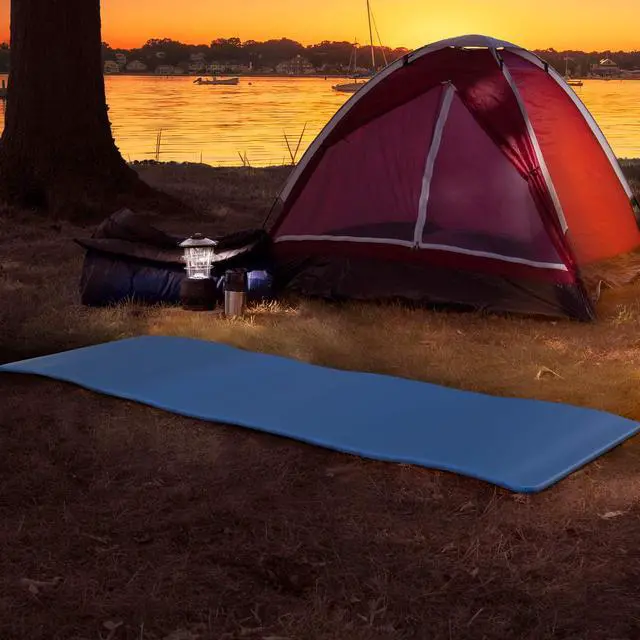 Alt view image 4 of 7 - Foam Sleeping Pad for Camping - 1.25-Inch-Thick Waterproof Sleep Pad with Carry Straps for Cots, Tents, or Sleepovers by Wakeman Outdoors (Blue)