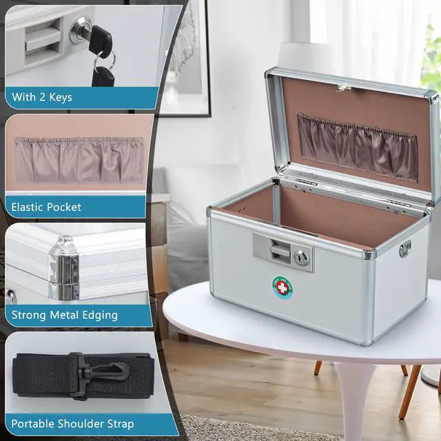 Alt view image 4 of 7 - Large Medication Lock Box, Locking Medicine Safe with Key, Ideal for Secure First Aid and Drug Storage, White, 13.9'' x 7.8'' x 8.6'', Theft-Resistant Design