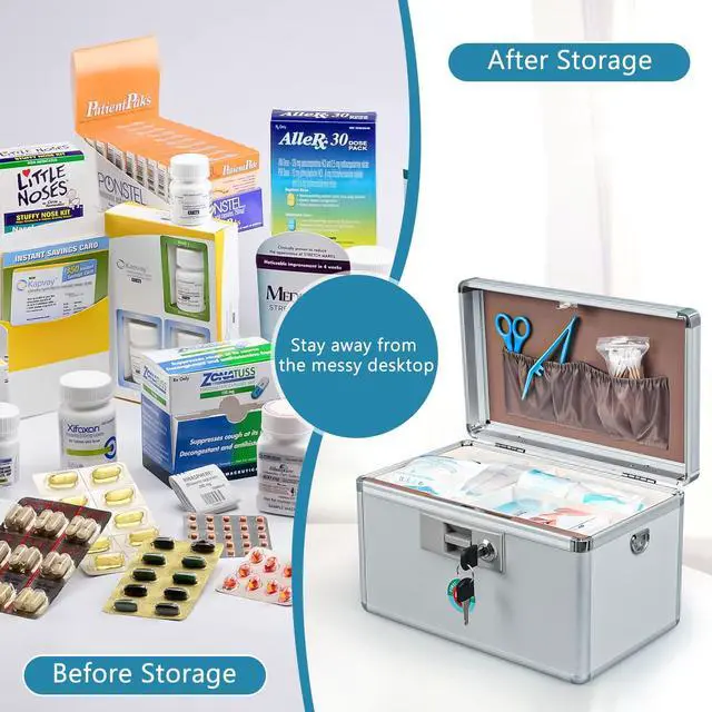 Alt view image 2 of 7 - Locking Key Medicine Box,First Aid Key Safe Box with Lock,Key Medication Storage Lock Box for Drugs Use, 10.2'' x 6.2'' x 7.7'' White