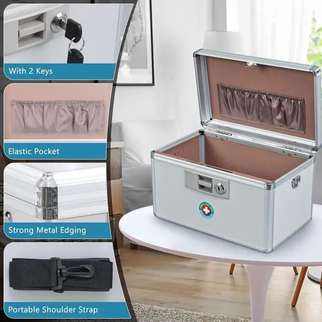 Alt view image 4 of 7 - Locking Key Medicine Box,First Aid Key Safe Box with Lock,Key Medication Storage Lock Box for Drugs Use, 10.2'' x 6.2'' x 7.7'' White