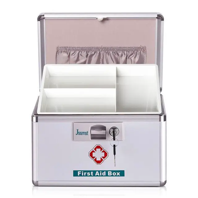 Alt view image 2 of 7 - Medication Lock Box with Key, Medicine Lock Box for Medication Storage, First Aid Box Locked Medicine Case, Key Safe Locking Box for Drugs Use, 12 x 7.4 x 8.1 inches, Silver