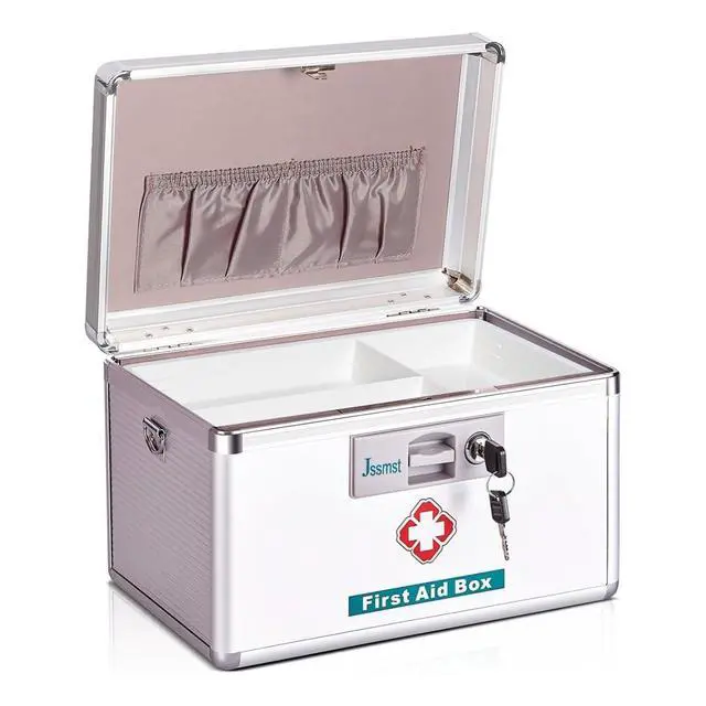 Alt view image 3 of 7 - Medication Lock Box with Key, Medicine Lock Box for Medication Storage, First Aid Box Locked Medicine Case, Key Safe Locking Box for Drugs Use, 12 x 7.4 x 8.1 inches, Silver