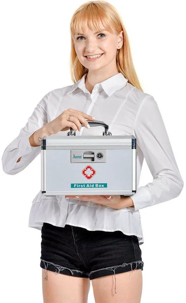 Alt view image 7 of 7 - Medication Lock Box with Key, Medicine Lock Box for Medication Storage, First Aid Box Locked Medicine Case, Key Safe Locking Box for Drugs Use, 12 x 7.4 x 8.1 inches, Silver