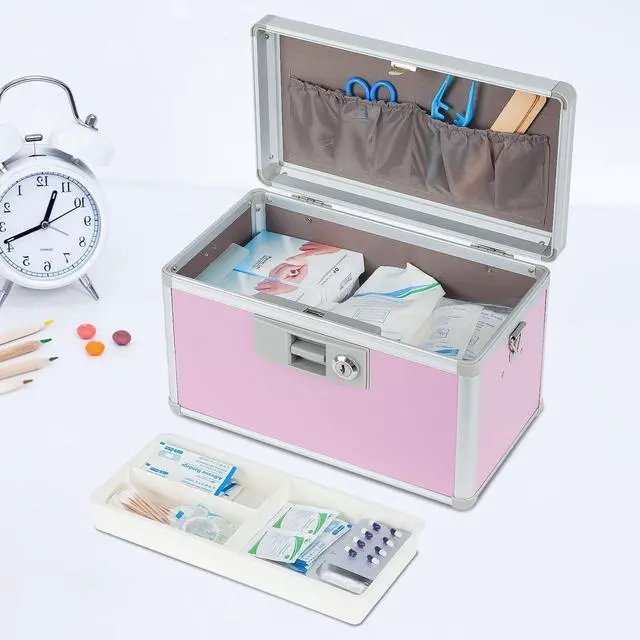 Alt view image 4 of 7 - Medicine Lock Box,First Aid Safe Medication Storage Box,Layered Aluminum Daily Medicine Cabinet Family Use,12.2" x 7.9" x 7.5", Pink