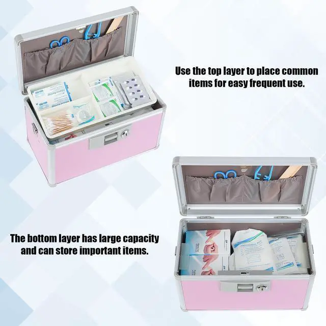 Alt view image 6 of 7 - Medicine Lock Box,First Aid Safe Medication Storage Box,Layered Aluminum Daily Medicine Cabinet Family Use,12.2" x 7.9" x 7.5", Pink