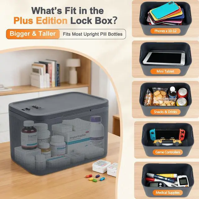 Alt view image 3 of 7 - Upgraded Taller Lock Box for Medication, Phone Jail & Snacks Large Lockable Storage Box with 3-Digit Combination Lock, Food-Safe BPA-Free Plastic Medicine Lock Box for Home, Fridge, Travel