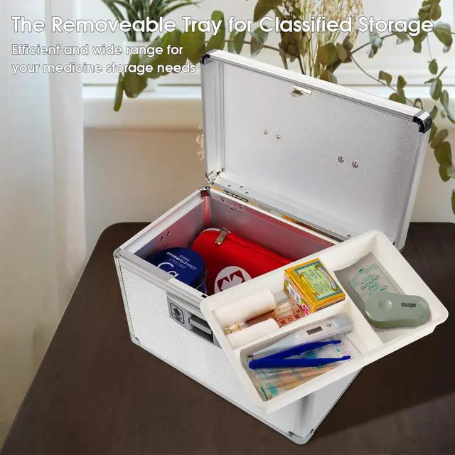 Alt view image 2 of 7 - Medicine Lock Box with Key, Alluminum Alloy Box for Medication,First Aid Box with a Removeable Tray to Store Medicines & Pills for Home&Travel,Silver 10 * 6.89 * 6.89 Inch