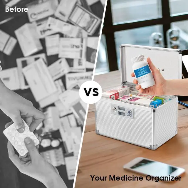 Alt view image 5 of 7 - Medicine Lock Box with Key, Alluminum Alloy Box for Medication,First Aid Box with a Removeable Tray to Store Medicines & Pills for Home&Travel,Silver 10 * 6.89 * 6.89 Inch