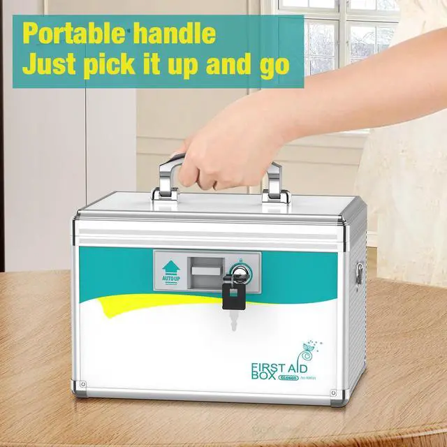 Alt view image 4 of 7 - Medication Lock Box with Key, 2-Layer Medicine Lock Box with Meds Tray, Portable First Aid Box with Handle & Shoulder Strap for Home, Travel(12x7.7x7.9Inch)