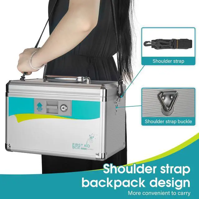 Alt view image 5 of 7 - Medication Lock Box with Key, 2-Layer Medicine Lock Box with Meds Tray, Portable First Aid Box with Handle & Shoulder Strap for Home, Travel(12x7.7x7.9Inch)
