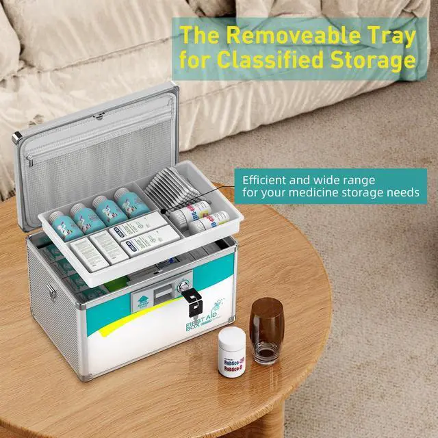 Alt view image 7 of 7 - Medication Lock Box with Key, 2-Layer Medicine Lock Box with Meds Tray, Portable First Aid Box with Handle & Shoulder Strap for Home, Travel(12x7.7x7.9Inch)