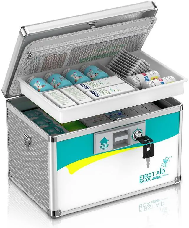 Main image of Medication Lock Box with Key, 2-Layer Medicine Lock Box with Meds Tray, Portable First Aid Box with Handle & Shoulder Strap for Home, Travel(12x7.7x7.9Inch)