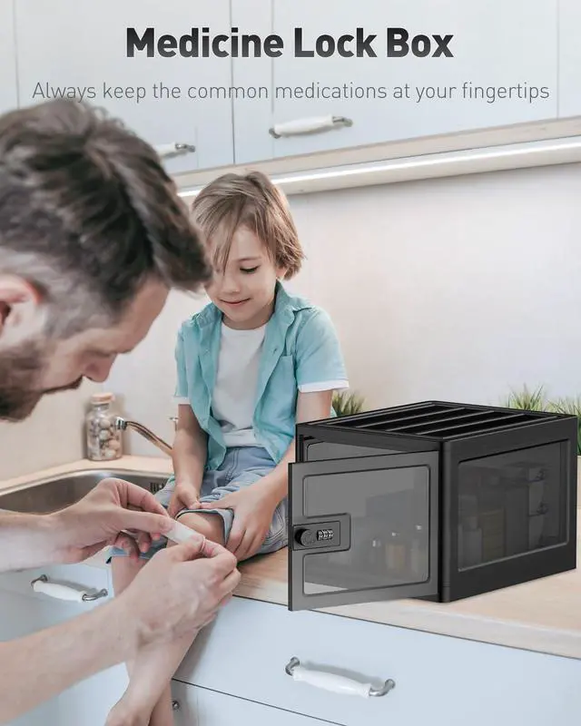 Alt view image 6 of 7 - Black Medicine Lock Box with Combination Lock 13 L Large Locking Medication Box Lockable Storage Box for Personal Items Phones Food & Snacks Stackable Fridge Lock Box for Home Office