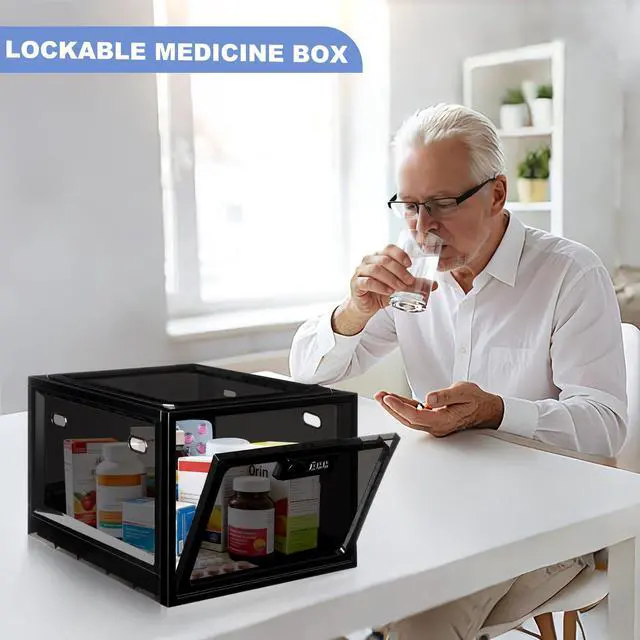 Alt view image 2 of 7 - Medicine Lock Box for Safe Medication, Plastic Lockable Storage Box for Food, Snacks, Med, Phone, Large Lockable Organizer for Refrigerator, Office, School, Home Safety