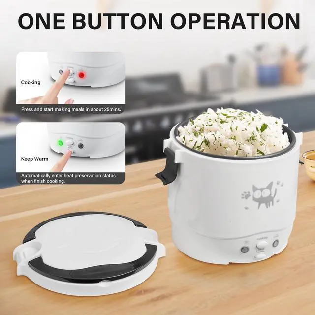 Alt view image 6 of 7 - Mini Rice Cooker, 1L Small Rice Cooker 2 Cup-uncooked Travel Rice Maker 12V for Car with Steamer, Auto Keep Warm Suitable For 1-2 People, White