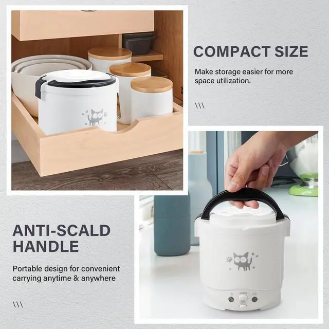 Alt view image 7 of 7 - Mini Rice Cooker, 1L Small Rice Cooker 2 Cup-uncooked Travel Rice Maker 12V for Car with Steamer, Auto Keep Warm Suitable For 1-2 People, White