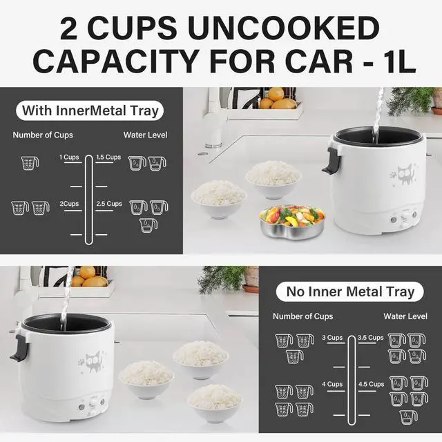 Alt view image 4 of 7 - Mini Rice Cooker, 1L Small Rice Cooker 2 Cup-uncooked Travel Rice Maker 12V for Car with Steamer, Auto Keep Warm Suitable For 1-2 People, White