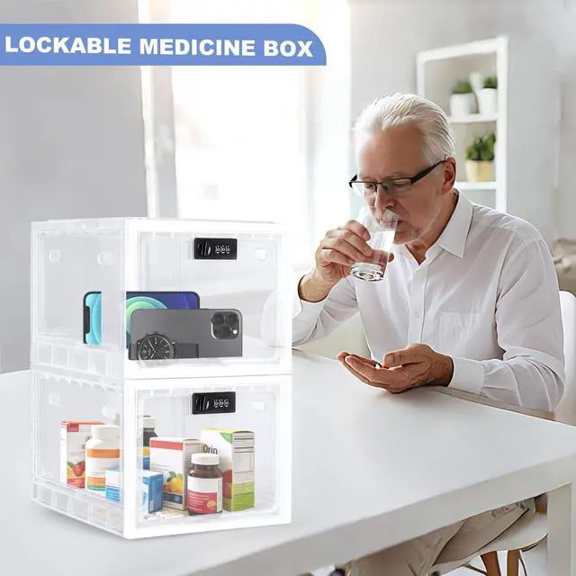 Alt view image 3 of 7 - Large Medicine Lock Box, 2 Pack Clear Medication Lock Box for Refrigerator, Lockable Storage with Code for Snacks, Phone, Tablet, Office, School, Home, Childproof First Aid Cabinet