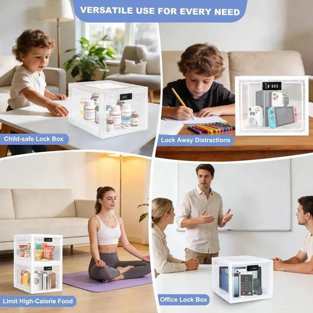 Alt view image 5 of 7 - Large Medicine Lock Box, 2 Pack Clear Medication Lock Box for Refrigerator, Lockable Storage with Code for Snacks, Phone, Tablet, Office, School, Home, Childproof First Aid Cabinet