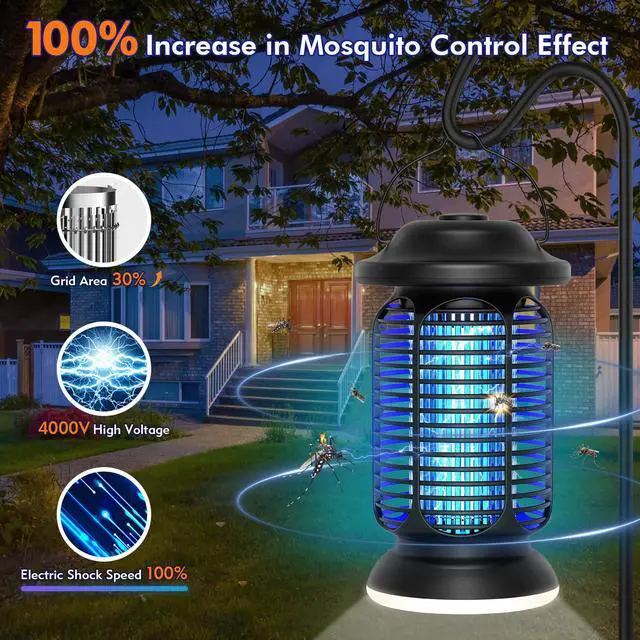 Alt view image 3 of 6 - Bug Zapper Outdoor Indoor, Electric Fly Zapper Waterproof with LED Light, 18W Power & 4000V High-Voltage, Coverage Area of 1/2-1 Acre, 5.5ft Cord, Plug-in Mosquito Trap for Patio Backyard Garden
