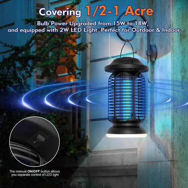 Alt view image 4 of 6 - Bug Zapper Outdoor Indoor, Electric Fly Zapper Waterproof with LED Light, 18W Power & 4000V High-Voltage, Coverage Area of 1/2-1 Acre, 5.5ft Cord, Plug-in Mosquito Trap for Patio Backyard Garden