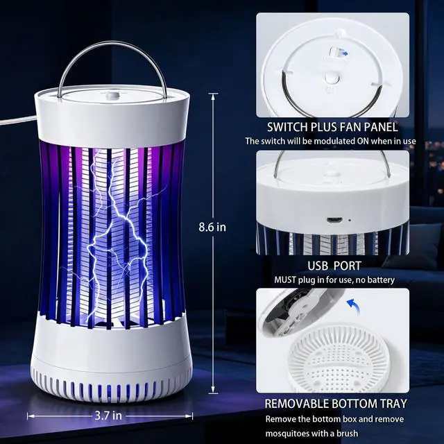Alt view image 2 of 7 - Bug Zapper Indoor, 2 Packs Mosquito Killer with Fan, 1500V Electric Fly Trap, USB Plug-in Insect Catcher for Home, Kitchen, Bedroom, Black & White