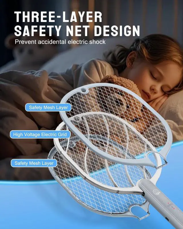 Alt view image 3 of 7 - Electric Fly Swatter, 3800V Handheld Bug Zapper Racket, Type-C Rechargeable, Mosquito Zapper for Indoor Outdoor, 3-Layer Safety Mesh, Easy to Use, Lightweight (Basic 2 Pack)
