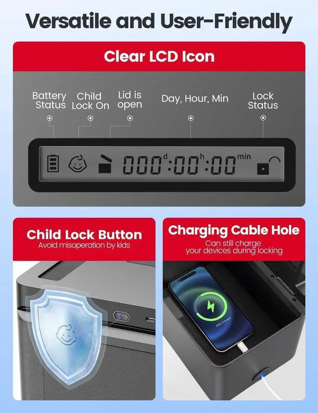 Alt view image 5 of 7 - Metal Time Lock Box, Phone Lock Box with Timer, Timed Locking Safe, Self-Control Container with USB C Charge,Child Lock, Audio Prompt, Time Release Storage Locker for Phone/Medicine