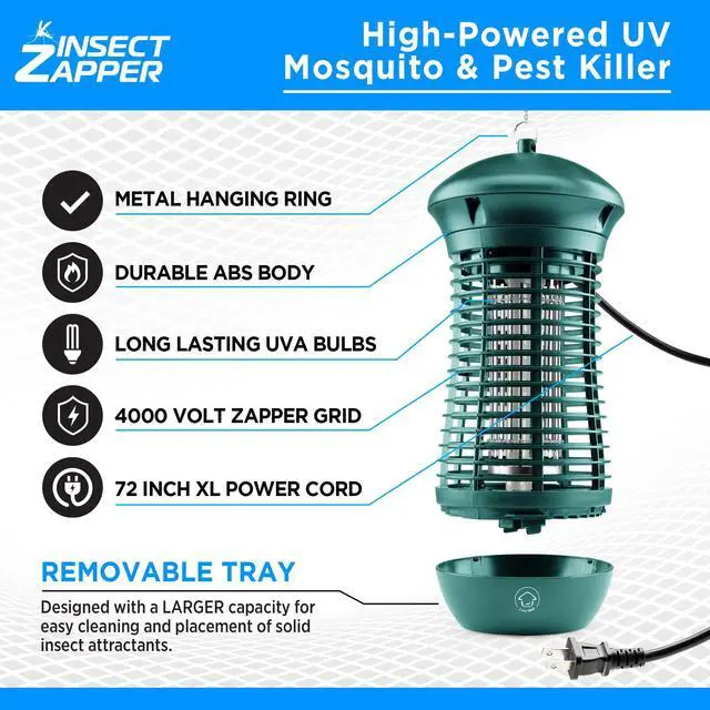 Alt view image 2 of 6 - Green Bug Zapper Indoor Outdoor - 4000V High Powered Electric Mosquito Zapper Home Patio, 1,500 Sq Ft Range Fly Trap,18W UVA Bulb Mosquito Killer Lamp Insect Bug Light