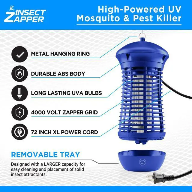 Alt view image 2 of 6 - Blue Bug Zapper Indoor Outdoor - 4000V High Powered Electric Mosquito Zapper Home Patio, 1,500 Sq Ft Range Fly Trap,18W UVA Bulb Mosquito Killer Lamp Insect Bug Light