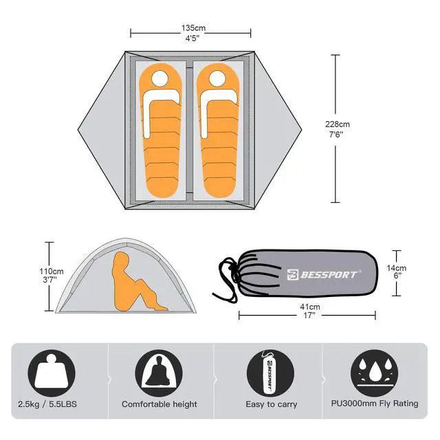 Alt view image 2 of 7 - Camping Tent for 2 Person, Lightweight Backpacking Tent Waterproof Windproof Two Doors Easy Setup Double Layer Outdoor Tents for 3 to 4 Seasons, Suitable for Outdoor,Hiking,Camping