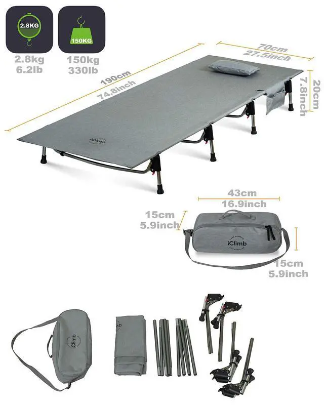 Alt view image 6 of 6 - Super Easy Assemble Folding Cot Ultralight Compact Heavy Duty with Carry Bag for Adults Camping Backpacking (Grey)