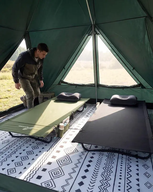 Alt view image 2 of 7 - Camping Cot: 31.5 Extra Wide Compact Sleeping Cots with Side Pocket - Lightweight Folding Cot for Camping Traveling Tent Day, Carry Bag Included, Easy Setup - Size 74.8''x31.5''x7''