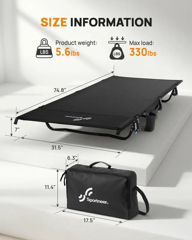 Alt view image 4 of 7 - Camping Cot: 31.5 Extra Wide Compact Sleeping Cots with Side Pocket - Lightweight Folding Cot for Camping Traveling Tent Day, Carry Bag Included, Easy Setup - Size 74.8''x31.5''x7''