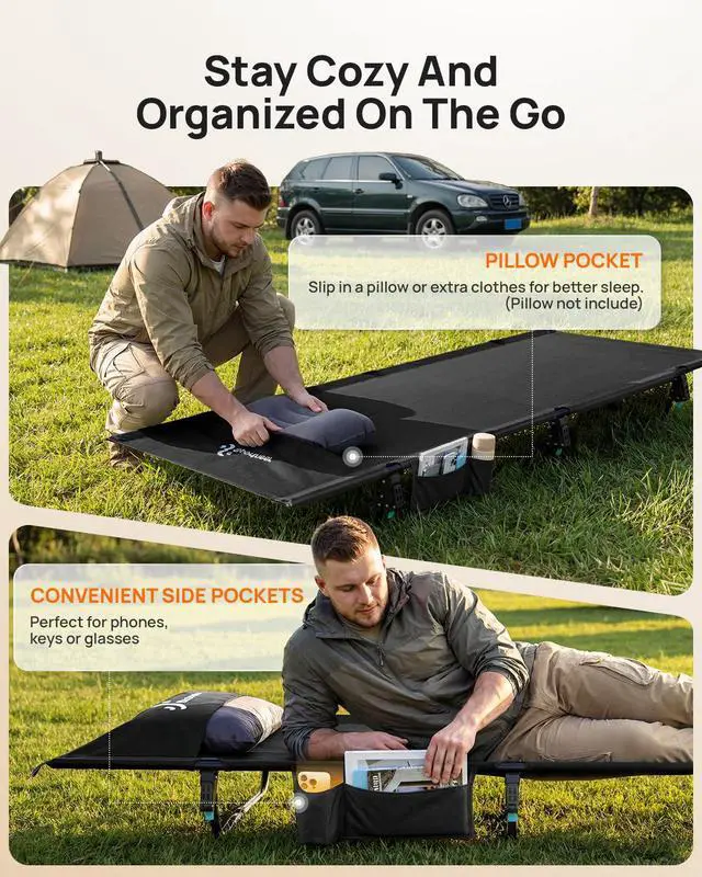 Alt view image 7 of 7 - Camping Cot: 31.5 Extra Wide Compact Sleeping Cots with Side Pocket - Lightweight Folding Cot for Camping Traveling Tent Day, Carry Bag Included, Easy Setup - Size 74.8''x31.5''x7''