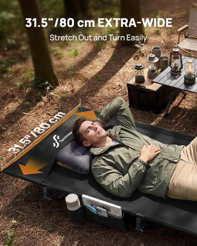 Alt view image 3 of 7 - Camping Cot: 31.5 Extra Wide Compact Sleeping Cots with Side Pocket - Lightweight Folding Cot for Camping Traveling Tent Day, Carry Bag Included, Easy Setup - Size 74.8''x31.5''x7''